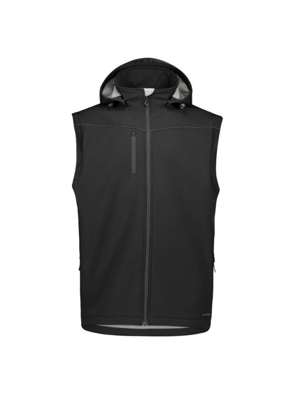 Black sleeveless hooded softshell vest with front zipper and chest pocket.