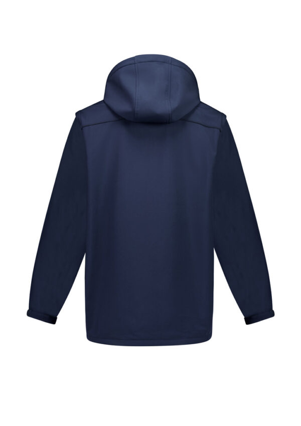 Back view of a navy blue hooded jacket with long sleeves and minimal seams.