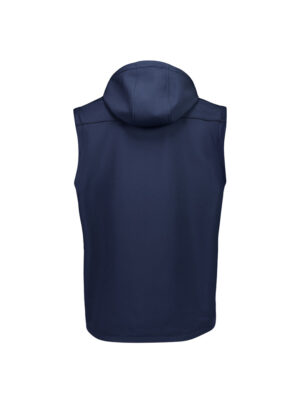 Navy blue sleeveless hoodie vest viewed from the back, showing a hood and smooth fabric.
