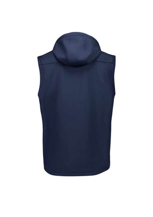 Navy blue sleeveless hoodie vest viewed from the back, showing a hood and smooth fabric.