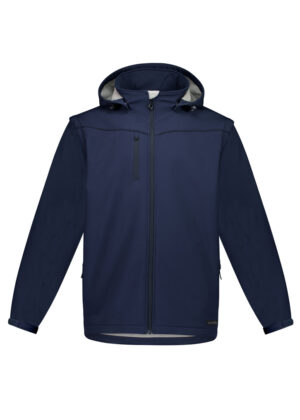Navy blue hooded jacket with full-length zipper and a chest zip pocket on a white background (outdoor coat).