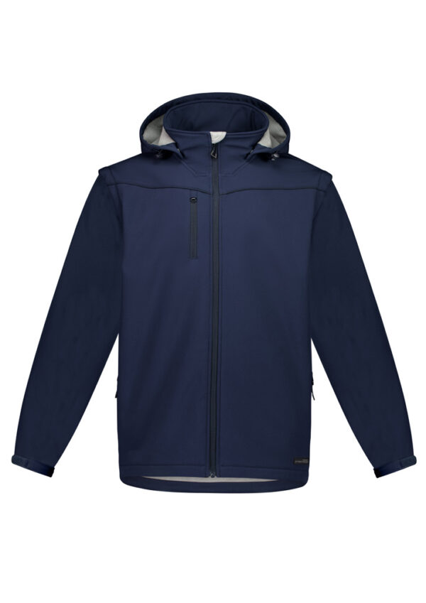 Navy blue hooded jacket with full-length zipper and a chest zip pocket on a white background (outdoor coat).