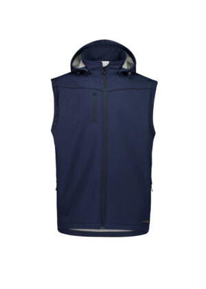 Navy blue sleeveless hooded vest with front zipper and chest pocket, outdoorsy apparel.