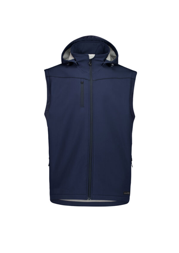 Navy blue sleeveless hooded vest with front zipper and chest pocket, outdoorsy apparel.