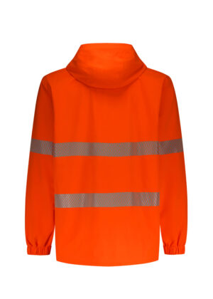 Back view of a bright orange high-visibility jacket with reflective stripes across the back and sleeves, safety gear
