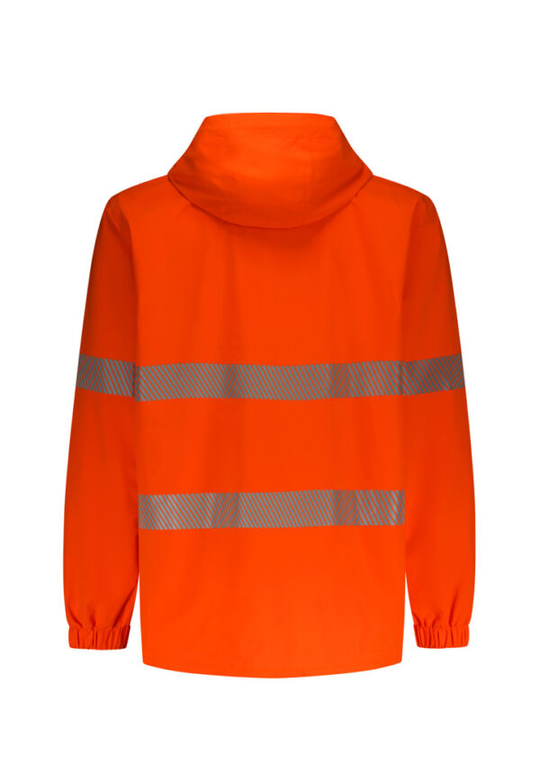 Back view of a bright orange high-visibility jacket with reflective stripes across the back and sleeves, safety gear