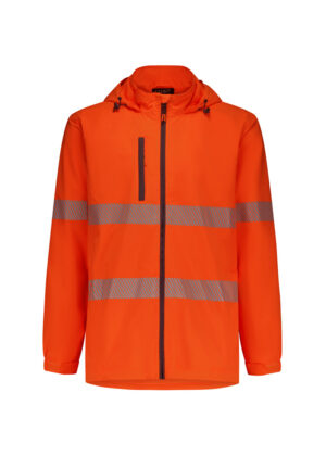 High-visibility orange jacket with reflective bands around torso and sleeves and a front zipper cover.