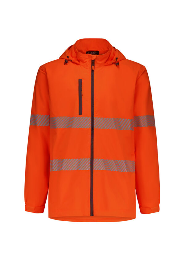 High-visibility orange jacket with reflective bands around torso and sleeves and a front zipper cover.
