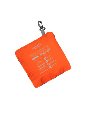 Orange packable rain jacket stored in a compact square pouch with a carabiner clip attached to the zipper pull.