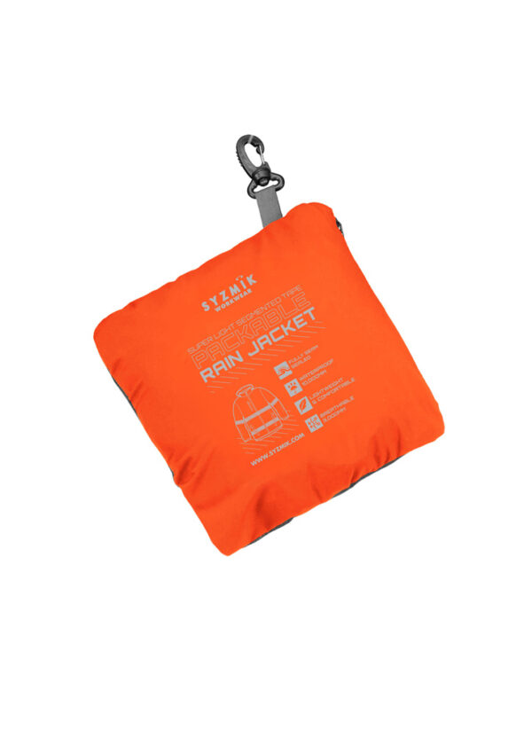 Orange packable rain jacket stored in a compact square pouch with a carabiner clip attached to the zipper pull.