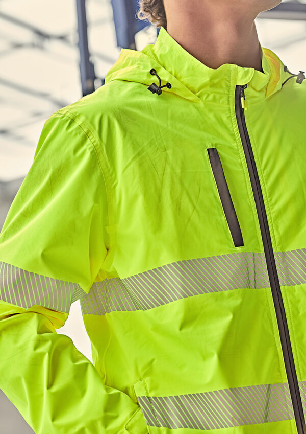 High-visibility neon yellow jacket with reflective stripes and a front zipper, worn by a person (loose collar and hood visible).