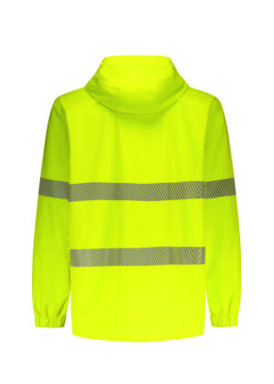 High-visibility neon yellow jacket with two diagonal reflective stripes, shown from the back with a hood and elastic cuffs.