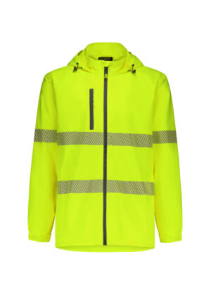 High-visibility neon yellow rain jacket with reflective stripes, front zipper, chest pocket, and hood.