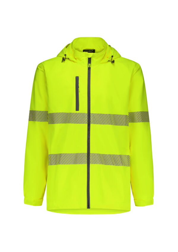 High-visibility neon yellow rain jacket with reflective stripes, front zipper, chest pocket, and hood.