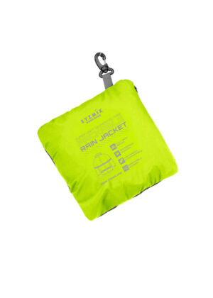 Bright neon green packable rain jacket in a small pouch with a carabiner clip attached.