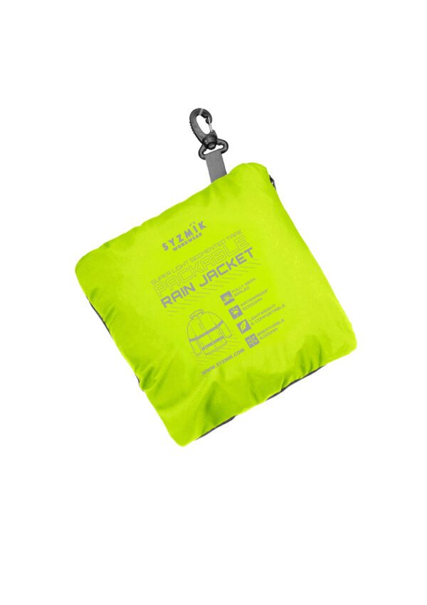 Bright neon green packable rain jacket in a small pouch with a carabiner clip attached.