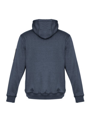 Back view of a blue hoodie with hood up, ribbed cuffs and waistband, and a small patch on the left sleeve.
