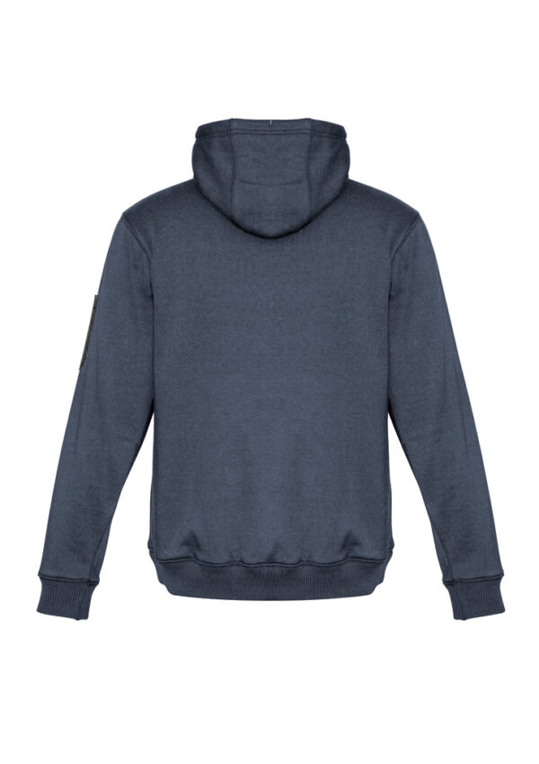 Back view of a blue hoodie with hood up, ribbed cuffs and waistband, and a small patch on the left sleeve.