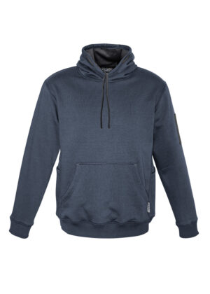 Blue pullover hoodie with front kangaroo pocket, drawstring hood, and ribbed cuffs/hem.