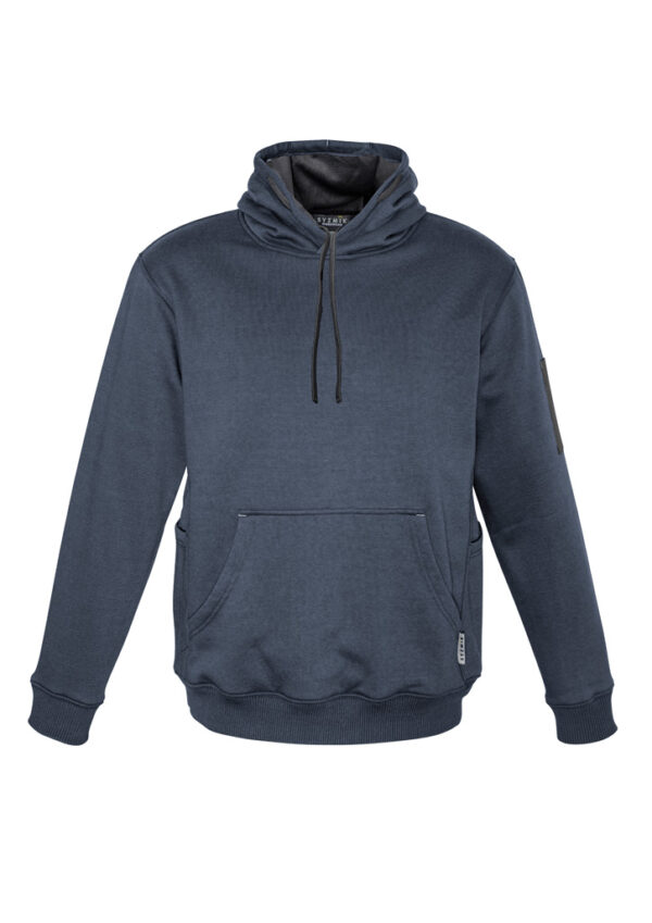 Blue pullover hoodie with front kangaroo pocket, drawstring hood, and ribbed cuffs/hem.