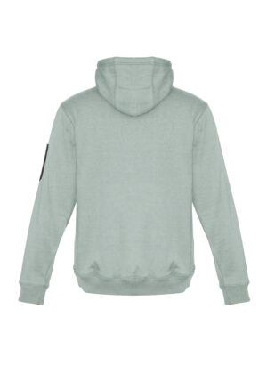 Back view of a light green hooded sweatshirt (mint) with the hood up, ribbed cuffs and waistband, and a small black patch on the left sleeve.