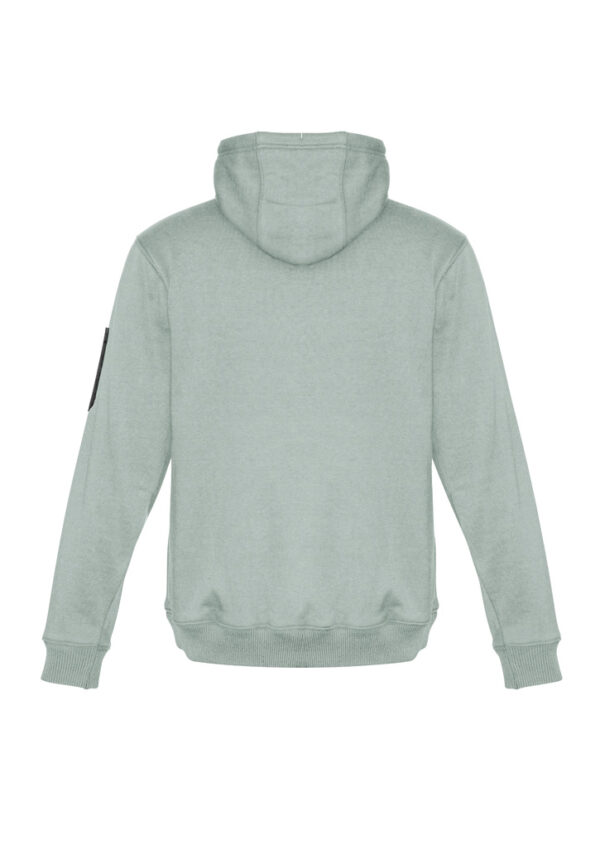 Back view of a light green hooded sweatshirt (mint) with the hood up, ribbed cuffs and waistband, and a small black patch on the left sleeve.