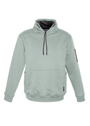 Sage-green hoodie with a front kangaroo pocket, black drawstrings, and ribbed hem and cuffs.