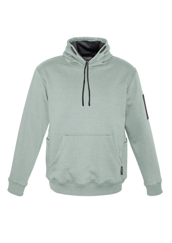 Sage-green hoodie with a front kangaroo pocket, black drawstrings, and ribbed hem and cuffs.