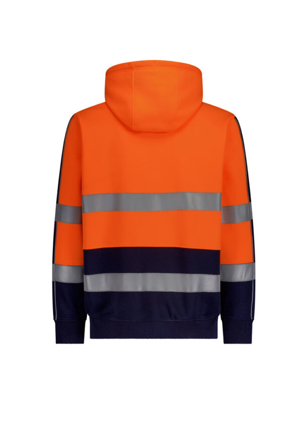 High-visibility orange hoodie with two silver reflective bands around the chest and midsection and navy lower body accents.