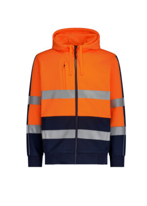 High-visibility orange and navy jacket with reflective stripes, front zipper, hoodie, and navy lower panel.
