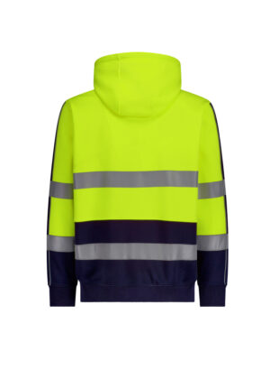 High-visibility neon yellow hoodie with reflective bands across the chest and sleeves and a navy bottom section.