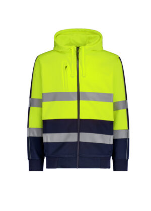 Neon yellow high-visibility hooded jacket with reflective stripes and navy lower panel.