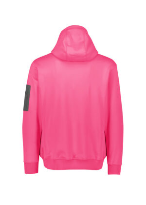 Back view of a bright pink hoodie with a dark gray patch on the left sleeve, seen from behind.