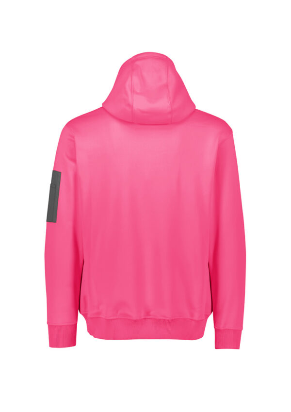 Back view of a bright pink hoodie with a dark gray patch on the left sleeve, seen from behind.