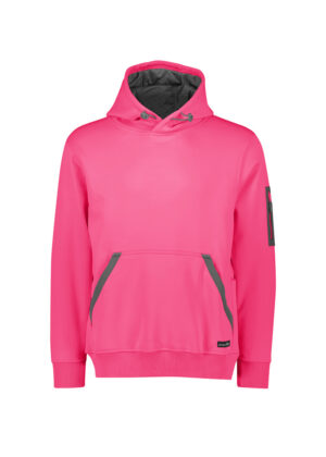 Bright pink hoodie with a gray-trimmed front pocket and a drawstring hood.