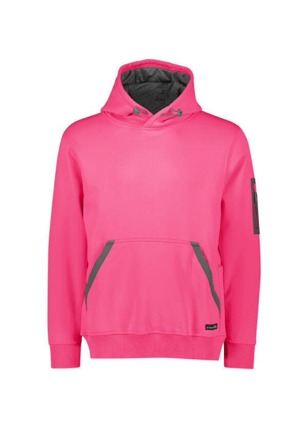Bright pink hoodie with a gray-trimmed front pocket and a drawstring hood.
