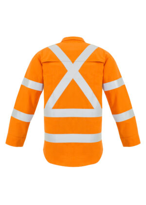 Back view of a high-visibility orange safety jacket with reflective white crisscross and horizontal bands.