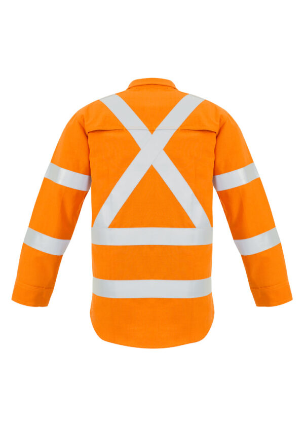Back view of a high-visibility orange safety jacket with reflective white crisscross and horizontal bands.