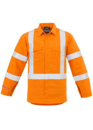 High-visibility orange safety shirt with reflective bands on chest, arms, and torso; two chest pockets.