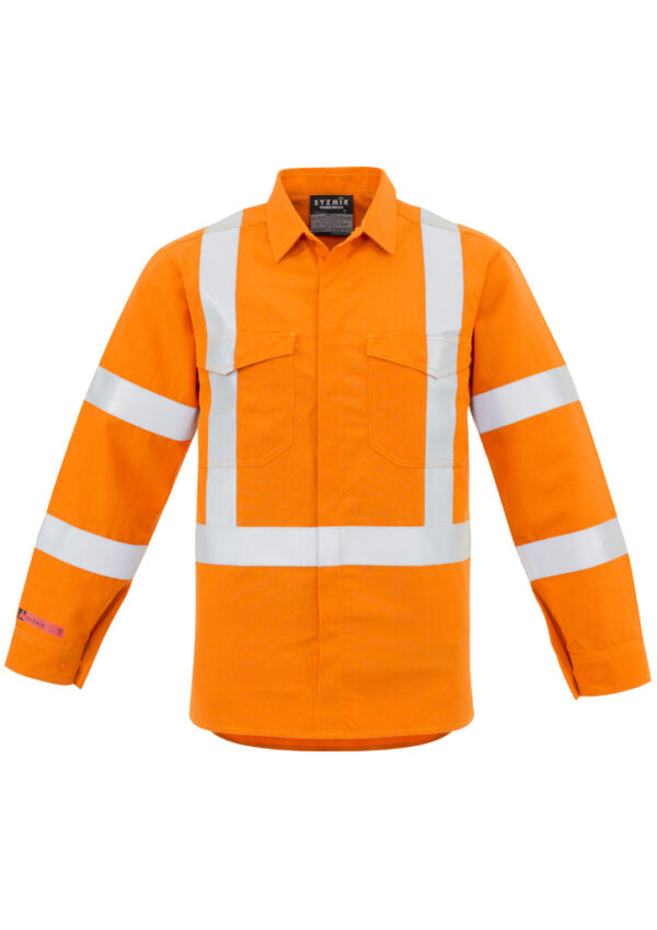 High-visibility orange safety shirt with reflective bands on chest, arms, and torso; two chest pockets.