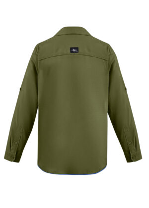 Back view of olive-green long-sleeve shirt with a curved hem, fold-down collar, and small brand patch on the upper back edge.
