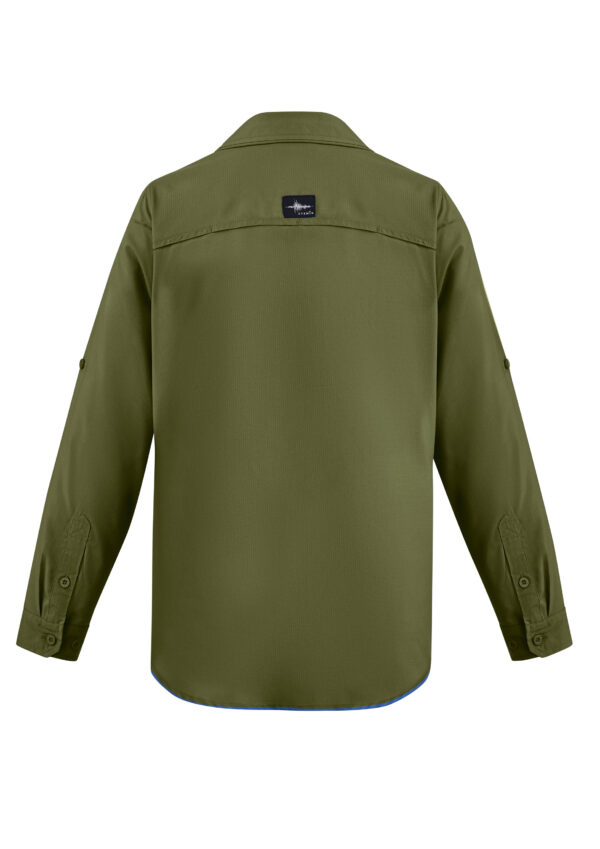 Back view of olive-green long-sleeve shirt with a curved hem, fold-down collar, and small brand patch on the upper back edge.