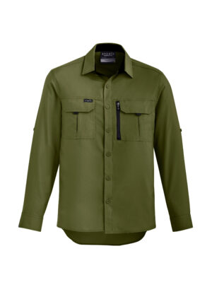Olive green utility shirt with two chest pockets, button front, and zip pocket detail on the left chest.