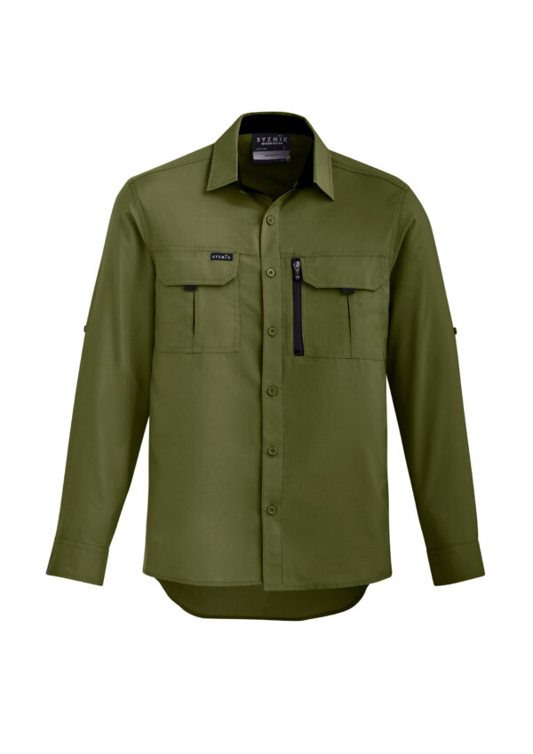 Olive green utility shirt with two chest pockets, button front, and zip pocket detail on the left chest.