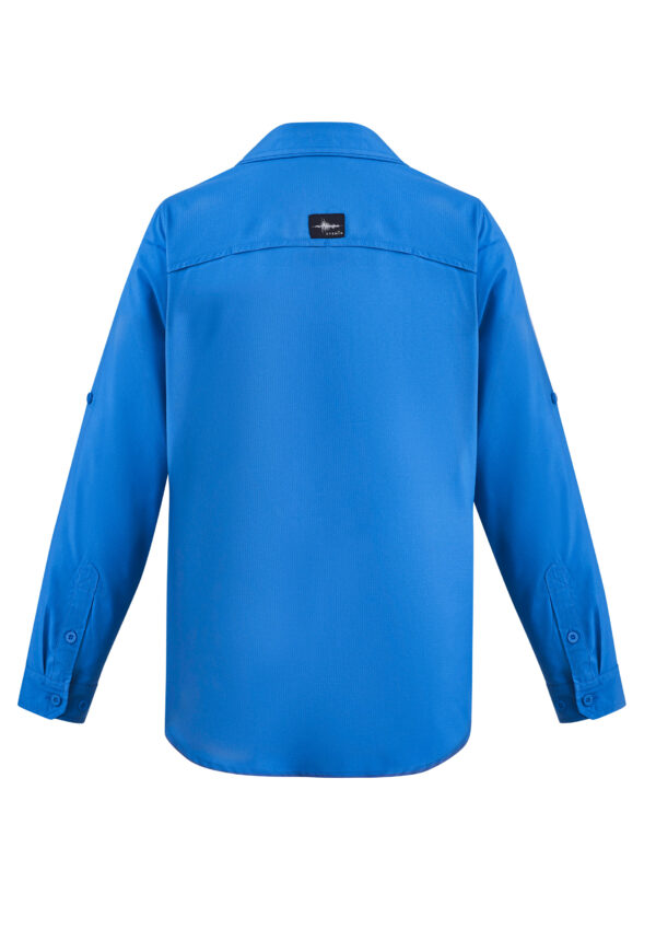 Back view of a bright blue long-sleeve shirt with a small black label on the upper back/yoke area.