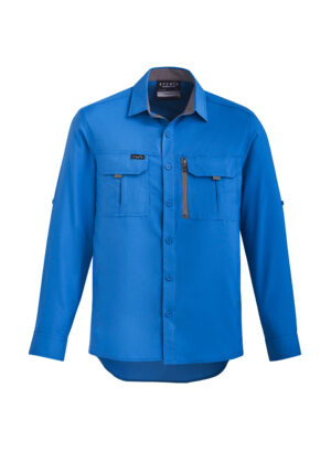 Blue long-sleeve work shirt with two chest pockets and a vertical zipper pocket on the left chest, front view.