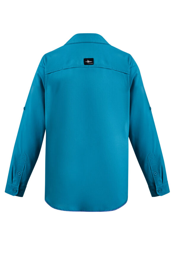 Back view of a teal long-sleeve shirt with a black patch logo centered on the upper back