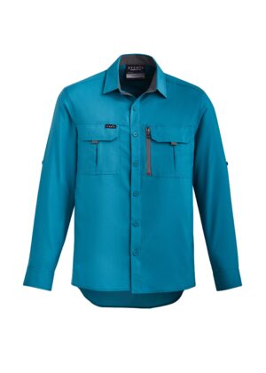 Teal work shirt with two chest pockets and a vertical zipper pocket on the left chest, shown from mid-torso up.