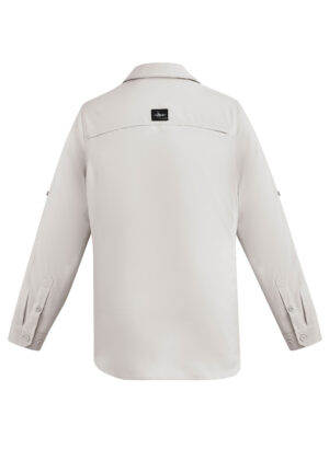 Back view of a light beige long-sleeve shirt with a small black brand label on the upper back.