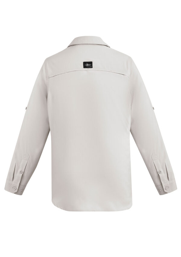 Back view of a light beige long-sleeve shirt with a small black brand label on the upper back.